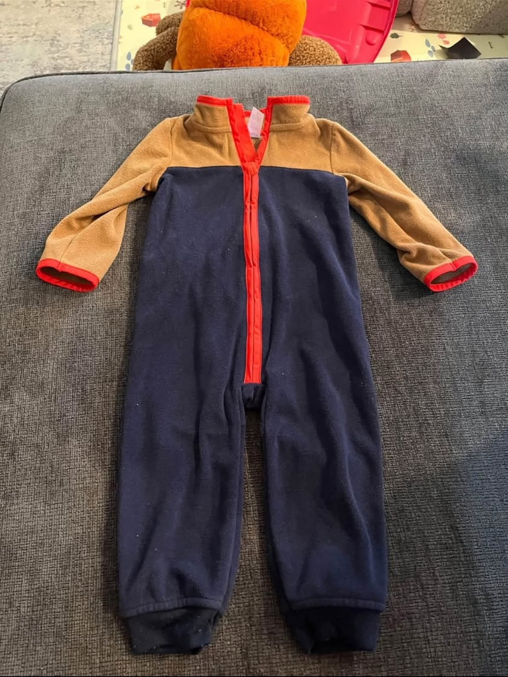 Kids Two-Tone Fleece One-Piece Footie in Navy, Tan & Red Trim